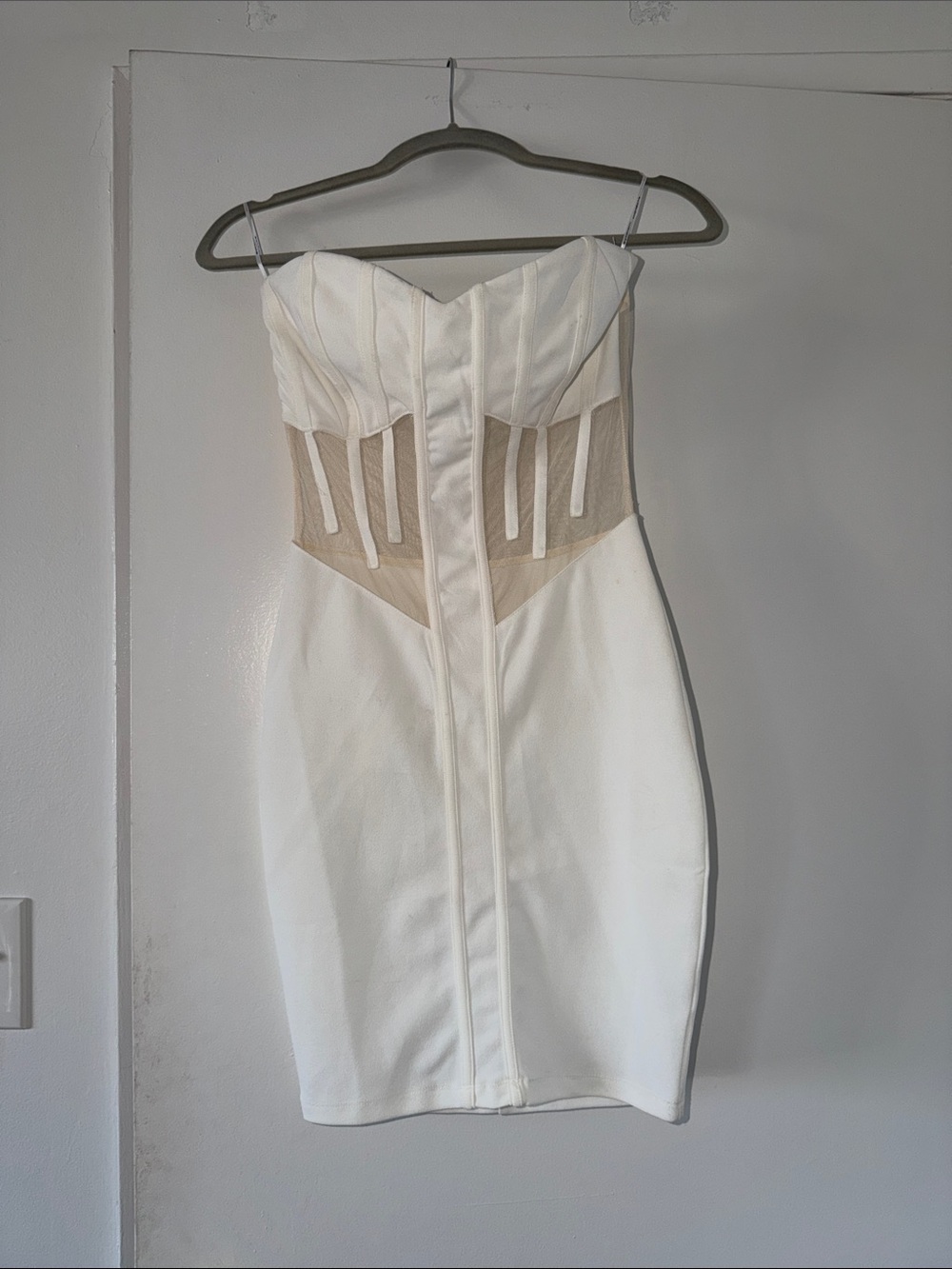 White Strapless Mesh-Panel Bodycon Dress